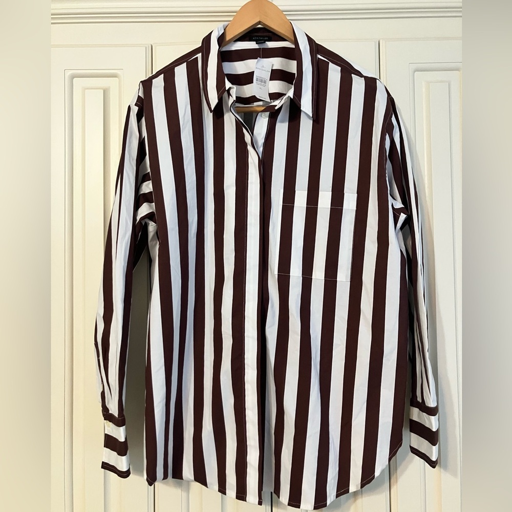Ann Taylor Chocolate and White Striped Button-Down Shirt